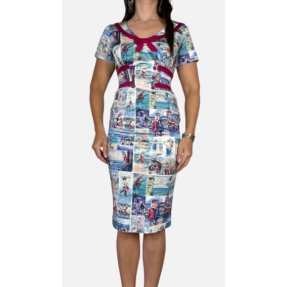 KITTEN D'AMOUR 'By The Seaside' Print Retro Wiggle Dress & Jacket Set Size 10 12 - Picture 4 of 16